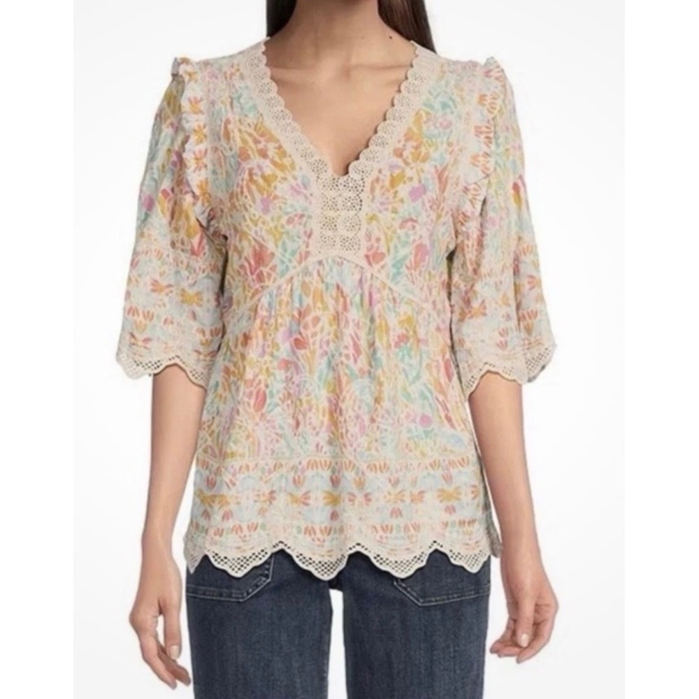 Democracy Blouse Women Multicolorโ Floral Crochet Trim Boho Ruffle Top NWT Sz XS